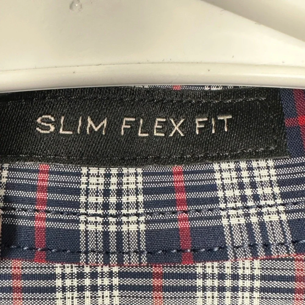 NEW Banana Republic Shirt Mens Large Slim Flex Fit Navy Red Plaid Tech Stretch